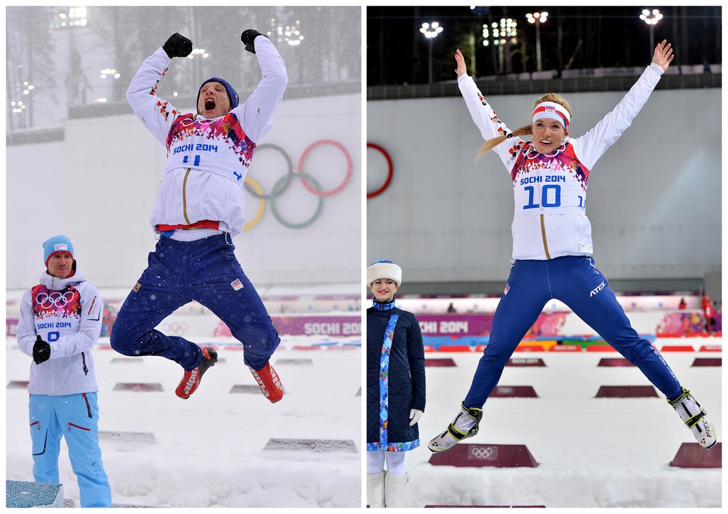 Radost Ondřeje Moravce a Gabriely Soukalové, nyní Koukalové, při medailových ceremoniálech v Soči