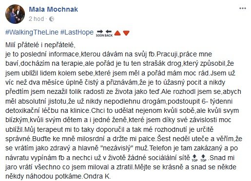Ondřej Koptík na Facebooku oznámil, že nastupuje do léčebny.