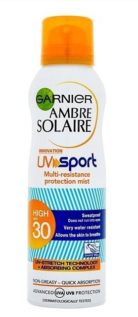 Sprej na opalování GARNIER Ambre Solaire UV sport  SPF 30, 259 Kč (200 ml). Seženete v drogériích.
