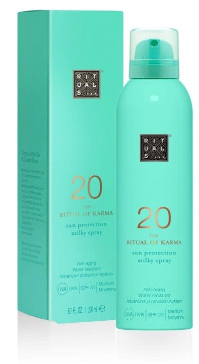 Mléko na opalování ve spreji Rituals Karma Sun SPF 20, 200 ml, 530 Kč. Koupíte na www.rituals.cz.