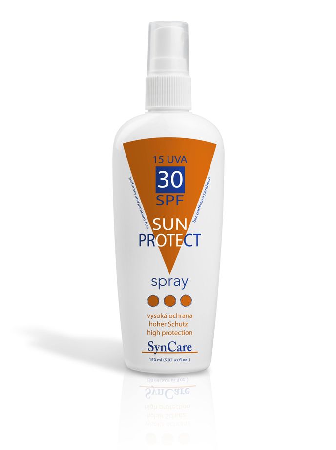 Ochranný sprej proti slunci Sun Protect, Syncare, SPF 30, k dostání v lékárnách a kosmetických studiích, 248 Kč/ 150 ml