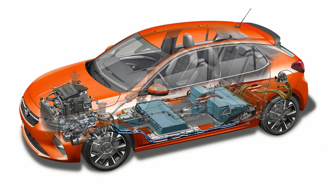 Průhled elektrickou verzí Corsa-e s trakční baterií 400 V a 50 kWh. Jejích 18 bateriových modulů se chytře soustřeďuje hlavně pod sedadly, takže neukrajují z prostoru pro posádku.