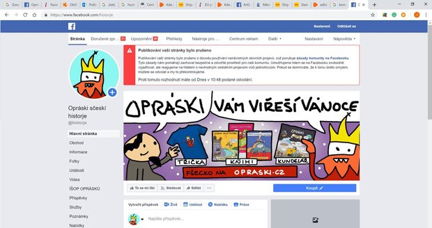 Facebook zablokoval stránku Opráski sčeskí historje. Autor oblíbených komiksů to oznámil snímkem stránky s oznámením o blokaci na twitteru.