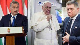 Zleva maďarský premiér Viktor Orbán, papež František a slovenský premiér Robert Fico