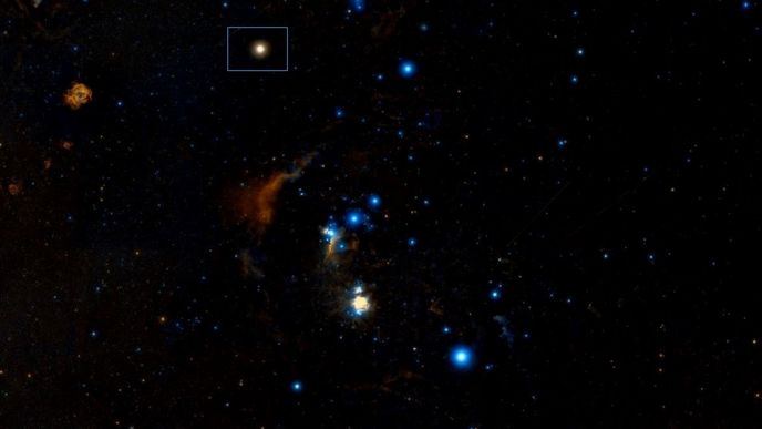 Souhvězdí Orion. Betelgeuse označen čtvercem.