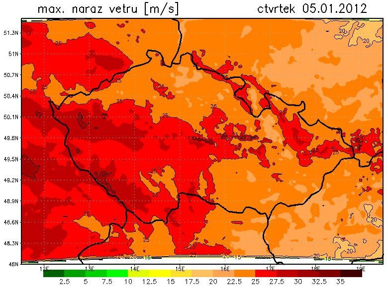 TMAVĚ ČERVENÁ BARVA UKAZUJE, JAK ČESKEM VČERA POSTUPOVAL ORKÁN ANDREA.