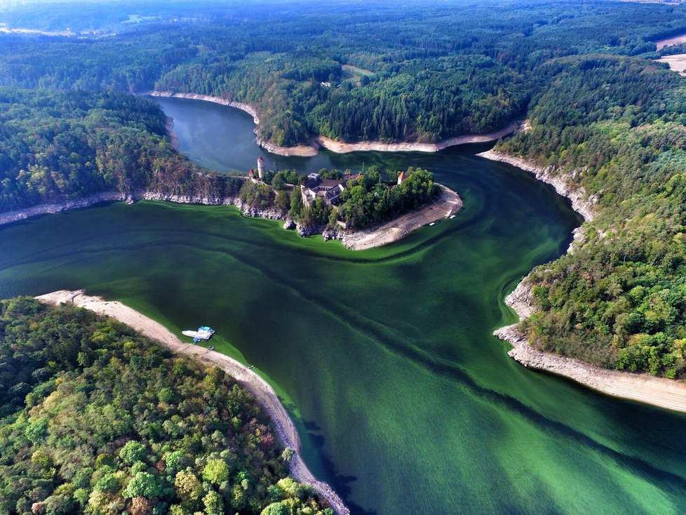 Poblíž hradu Zvíkov »pomohlo« sucho vodnímu květu na hladině přehrady.