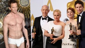 Předávání Oscarů: moderátor Neil Patrick Harris ve<slipech a ocenění za nejlepší mužské a ženské herecké výkony