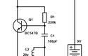Obr. 1 – Oscilátor je základ detektoru kovů. Cívky z drátu tl. 0,5 mm na průměru 50 mm.Repro slouží jako tlumivka.