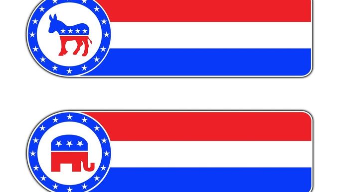 Symboly obou táborů, demokratický osel a republikánský slon