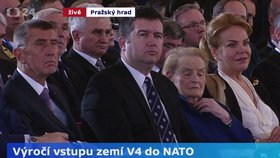 Dagmar Havlová, Madeleine Albrightová, Jan Hamáček a Andrej Babiš na Hradě při oslavách 20 let ČR v NATO