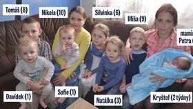 „Osm dětí se dá v pohodě zvládnout,“ říká máma Petra (30). Zleva Davídek (1), Tomáš (8), Sofie (1), Nikola (10), Silvinka (6), Natálka (3), Míša (9), maminka Petra (30) v náručí s benjamínkem Kryštůfkem (2 týdny).