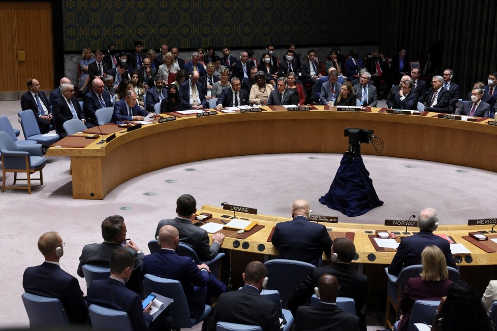 Sergej Lavrov na zasedání ministrů zahraničí Rady bezpečnosti OSN (22. 9. 2022)