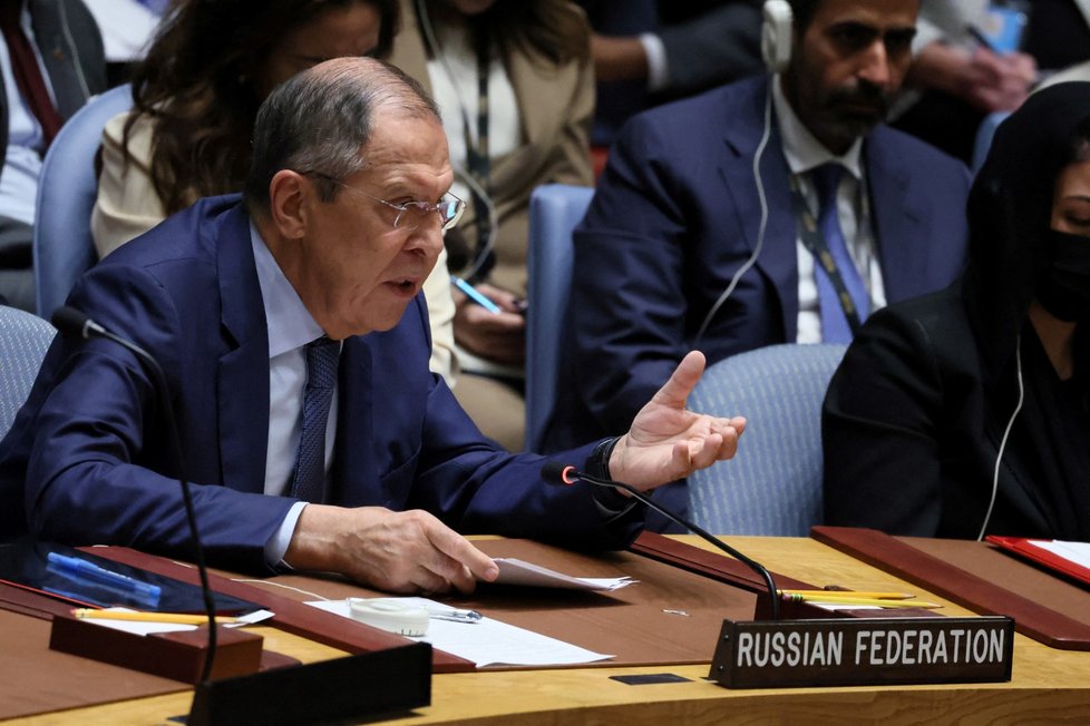 Sergej Lavrov na zasedání ministrů zahraničí Rady bezpečnosti OSN (22. 9. 2022)