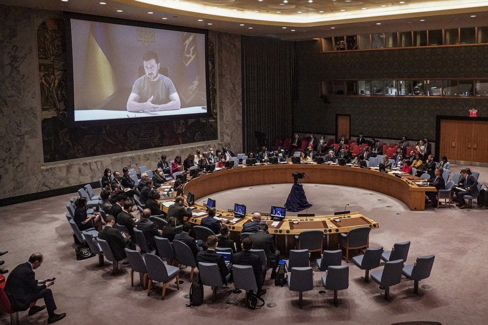 Ukrajinský prezident Volodymyr Zelenskyj mimořádně promluvil na Radě bezpečnosti OSN (27. 9. 2022)