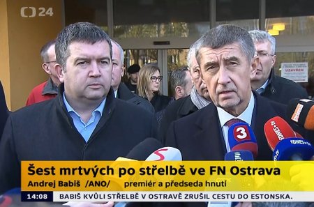 Andrej Babiš (ANO) a Jan Hamáček (ČSSD) na tiskovce po masakru v ostravské nemocnici (10. 12. 2019)