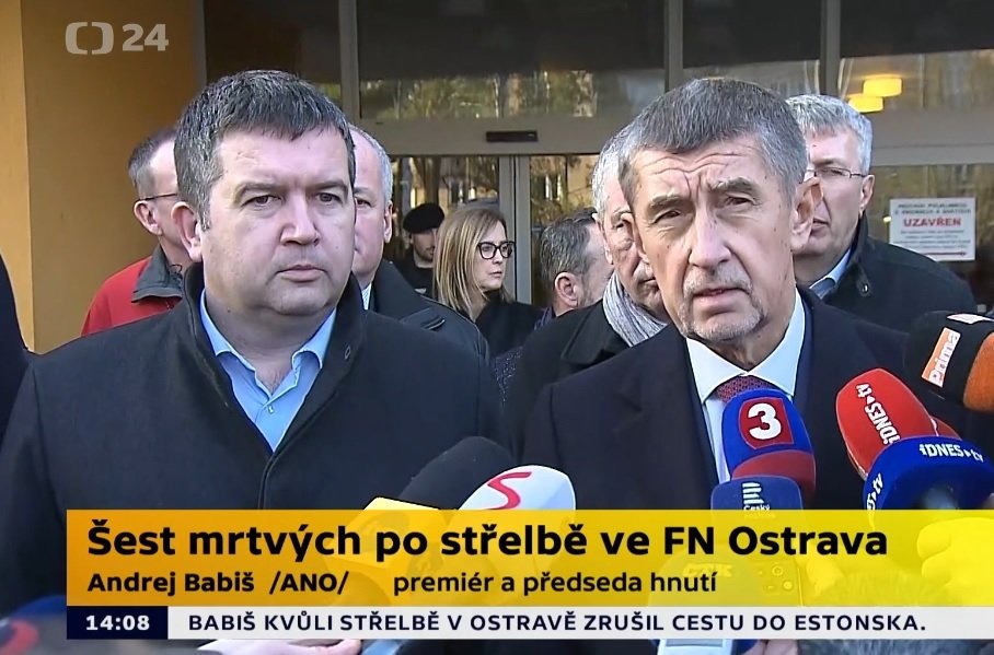 Andrej Babiš (ANO) a Jan Hamáček (ČSSD) na tiskovce po masakru v ostravské nemocnici (10.12.2019)