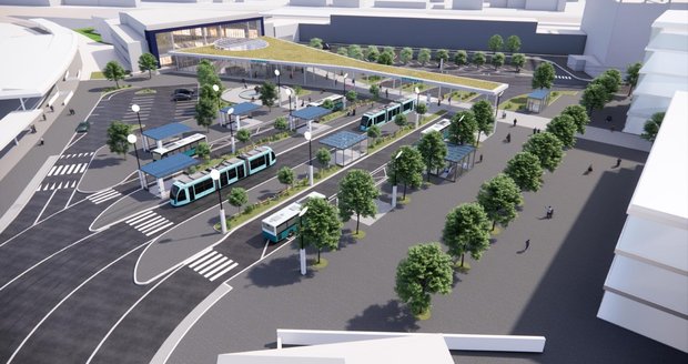 Vizualizace nové podoby nádraží v Současný stav před hlavním nádražím v centrálním městském obvodu Moravská Ostrava a Přívoz. K realizace by mělo dojít od roku 2028.