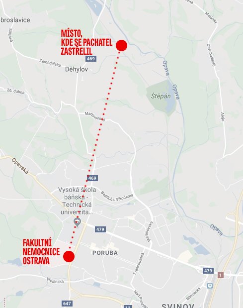 Děhylov, kde se pachatel střelil do hlavy, je od ostravské nemocnice vzdálený pohých 5,5 km.