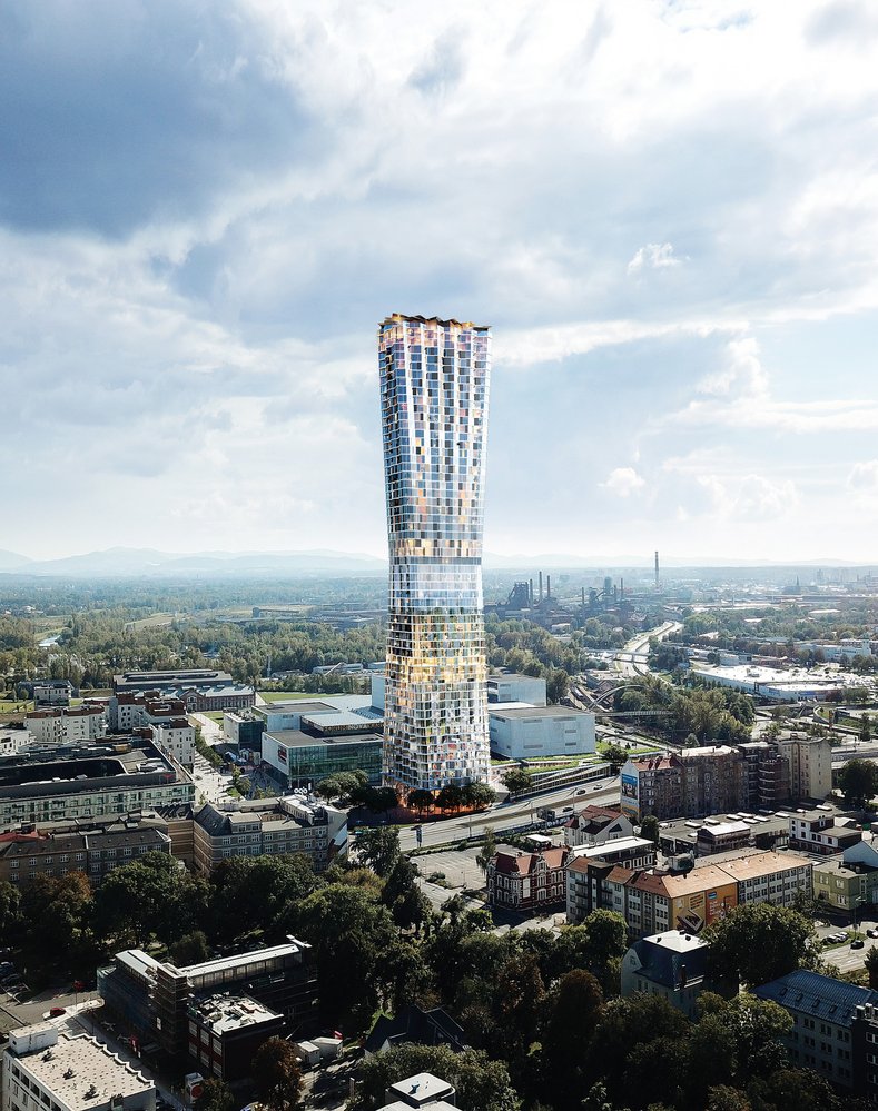 Tvar mrakodrapu Ostrava Tower připomíná přesýpací hodiny