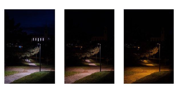 Ukázka, jak se mění v průběhu noci osvětlení na Kraví hoře v Brně.