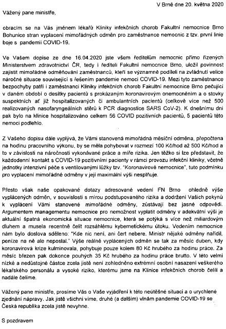 Otevřený dopis lékařů FN Brno adresovaný ministru zdravotnictví Adamu Vojtěchovi