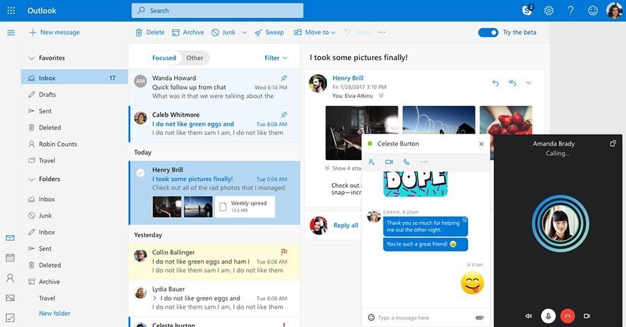 Nedávno získal Outlook nový vzhled. Hlavní novinkou integrace Skypu. Pryč je tak nešikovný boční panel, který zvládl zobrazit pouze jednu konverzaci naráz. Nyní, po vzoru konkurence, je každé vlákno v samostatném miniokně.