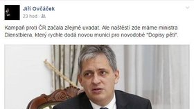 Jiří Ovčáček na svém profilu obvykle někoho kritizuje. Když to není „pražská kavárna“ nebo novináři, tak jsou to politici, kteří se netěší prezidentově přízni.