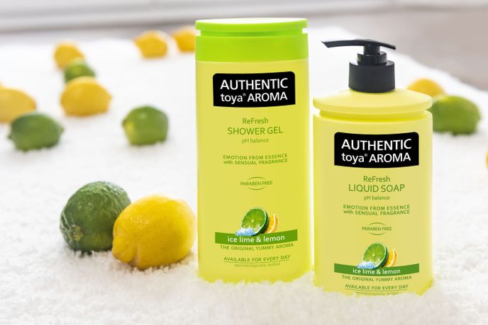 Sprchový gel nebo tekuté mýdlo lime and lemon, AUTHENTIC toya AROMA, 59 Kč/400 ml
