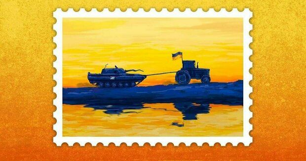 Náš traktor a ruský šrot. Ukrajinská pošta má novou známku, střílí si z okupantů