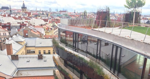 Zelená fasáda a střecha budovy Drn v centru Prahy