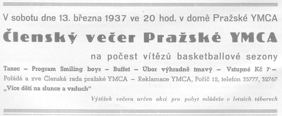 Dobová reklama na členský večer pražské YMCA