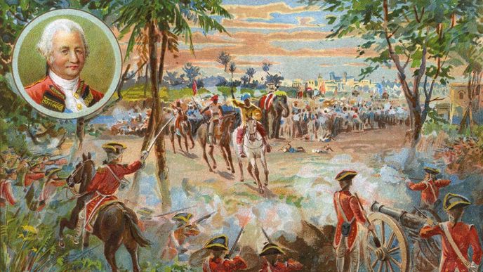 Malba bitvy u Palasí, ve které se utkali Britové v čele s Robertem Clivem s bengálskou armádou. Clivovo vítězství znamenala počátek vytvoření britského impéria v Indii. Malba bitvy u Palasí, ve které se utkali Britové v čele s Robertem Clivem s bengálskou armádou. Clivovo vítězství znamenala počátek vytvoření britského impéria v Indii.