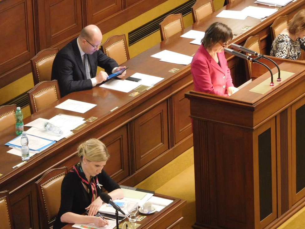 Školský zákon a pamlsková vyhláška se řešily ve Sněmovně: Vyhlášku kritizovala poslankyně Chalánková, vlevo premiér Sobotka a ministryně Valachová (18.1.2016).