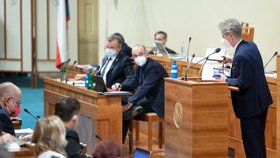 Ministr zdravotnictví Jan Blatný (uprostřed) hájil v Senátu pandemický zákon (24.2.2021)