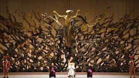 Papež František při audienci v sále, který připomíná díky obří plastice předpeklí