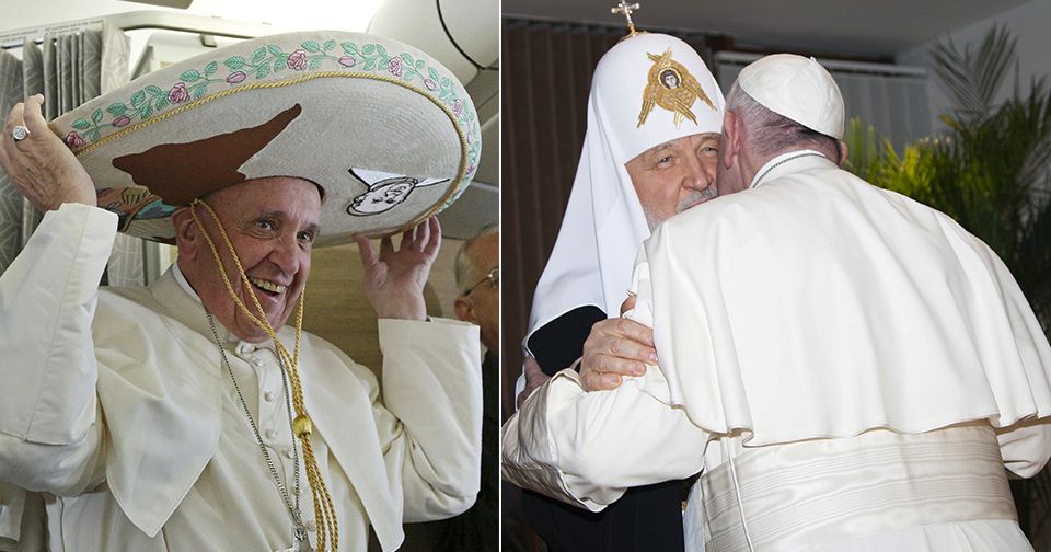 Papež si na návštěvě Kuby zkusil klobouk a setkal se také s ruským patriarchou Kirillem.