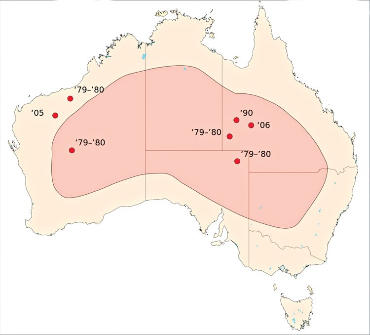 Oblasti Austrálie, v nichž byli po roce 1950 spatřeni papoušci noční