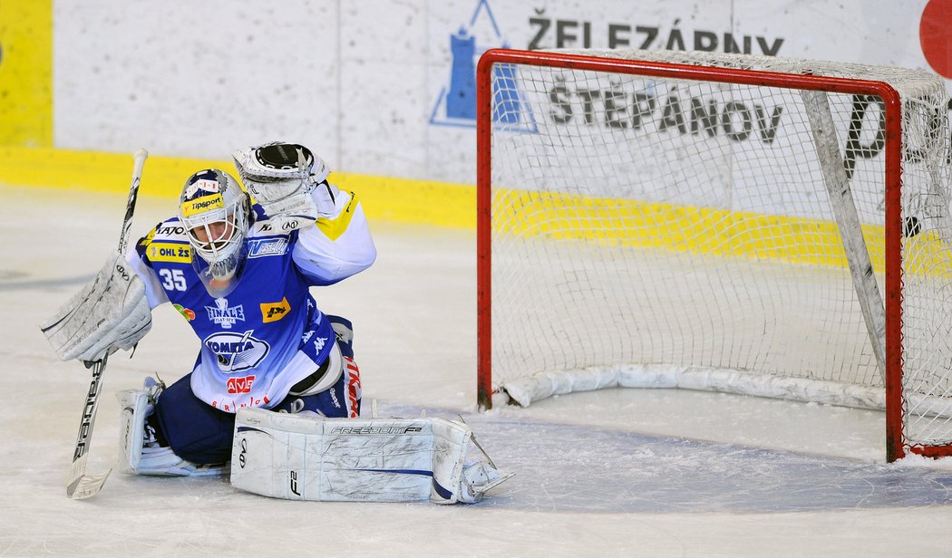 Brankář Jiří Trvaj se marně natahuje po střele, která končí v brance. 1:0 pro Pardubice.