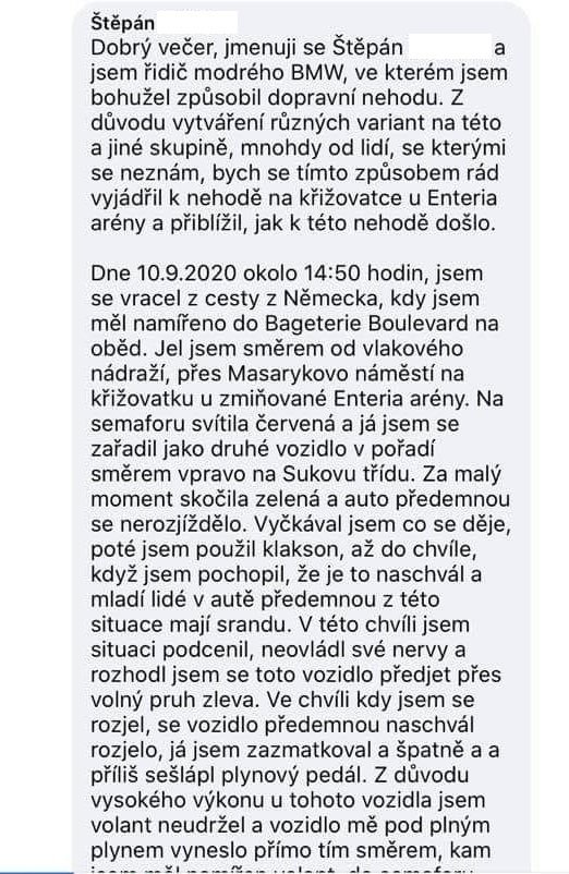 Štěpán na facebooku vysvětlil, jak k nehodě došlo.