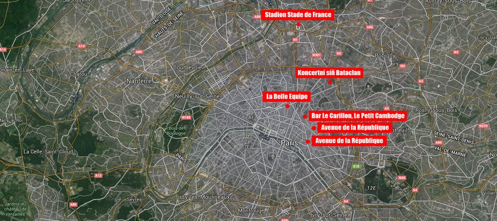 Přehled míst teroristických útoků z pátku 13. 11. v Paříži