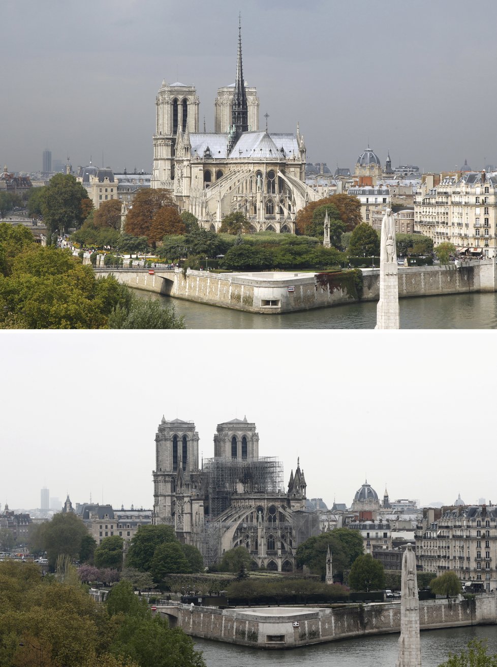 Srovnání Notre-Dame před a po požáru.