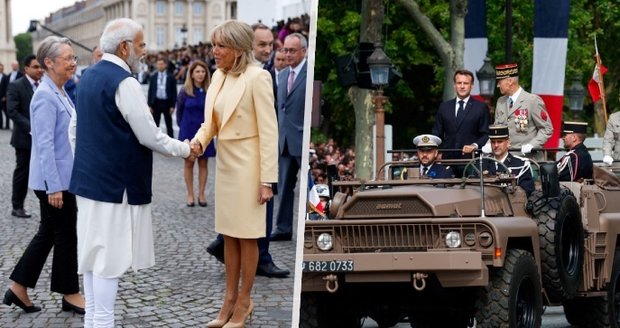 Oslavy ve Francii: Macronová vítala vlivného hosta, Macron na přehlídce a 218 zapálených aut