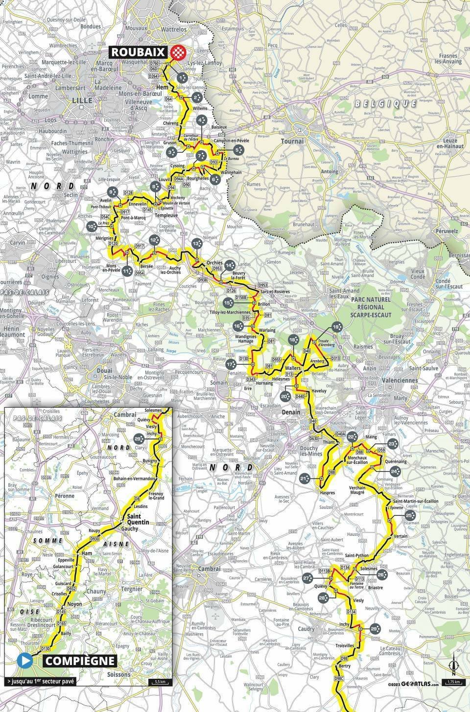 Trasa Paříž-Roubaix 2023