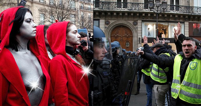 Nahé aktivistiky při protestech hnutí žlutých vest v Paříži odkazují na Marianne, symbol francouzské revoluce. (15.12.2018)