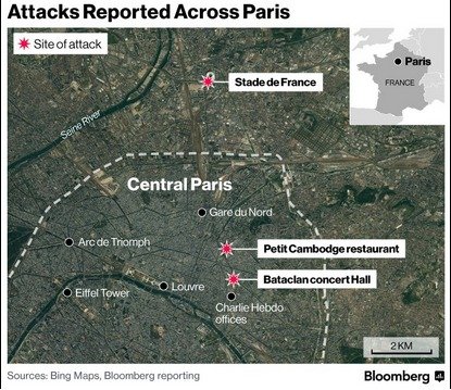 Mapa útoků v Paříži