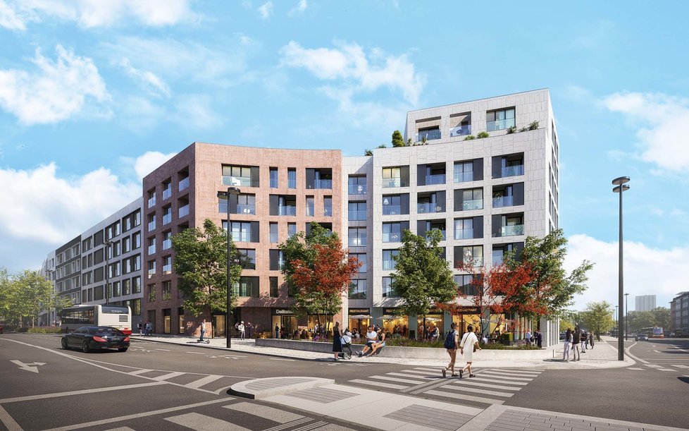 Návrh nárožního bytového domu, který by měl vzniknout jako součást nové čtvrti v areálu Nákladového nádraží Žižkov.