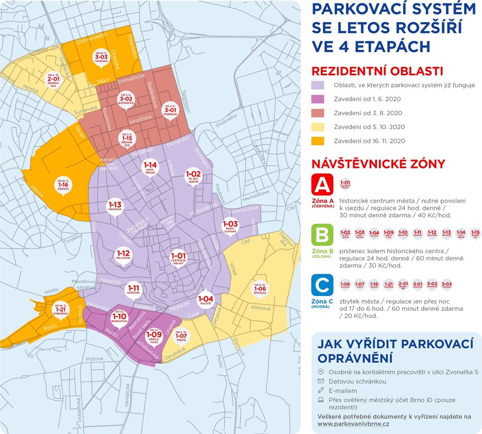 Plán rozšíření modrých zón v Brně.