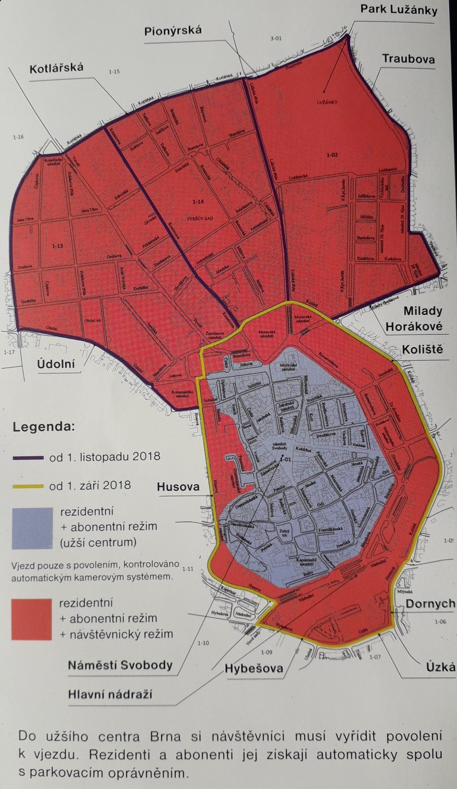 Mapa oblastí, kde platí v Brně modré parkovací zóny.