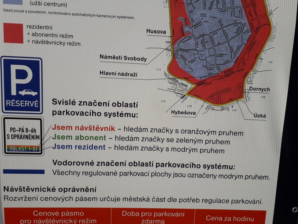 Mapa oblastí, kde platí v Brně modré parkovací zóny.